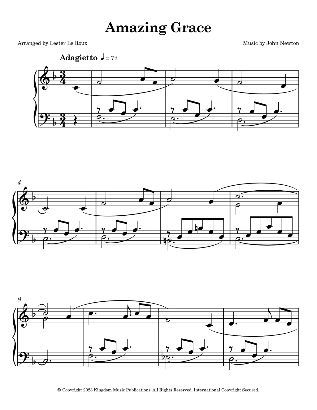 Amazing Grace easy piano sheet music sample