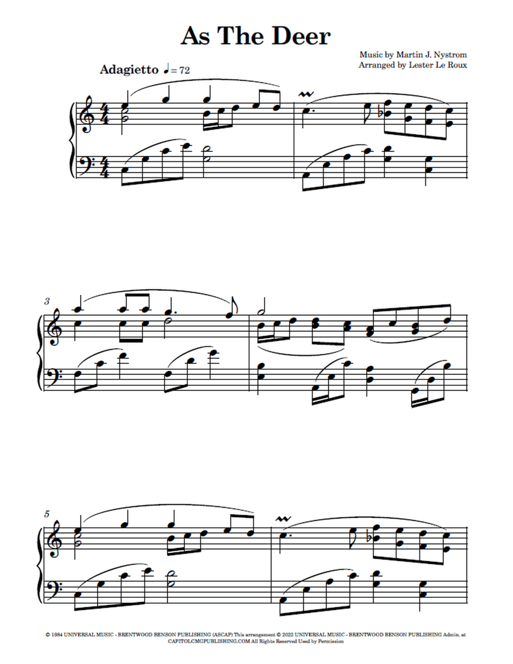 Sample score page for As the Deer free easy piano arrangement by Lester Le Roux