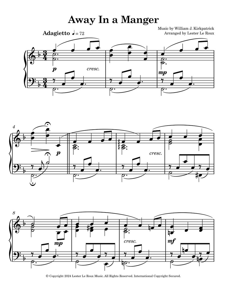Sample page from Away in a Manger intermediate piano arrangement by Lester Le Roux